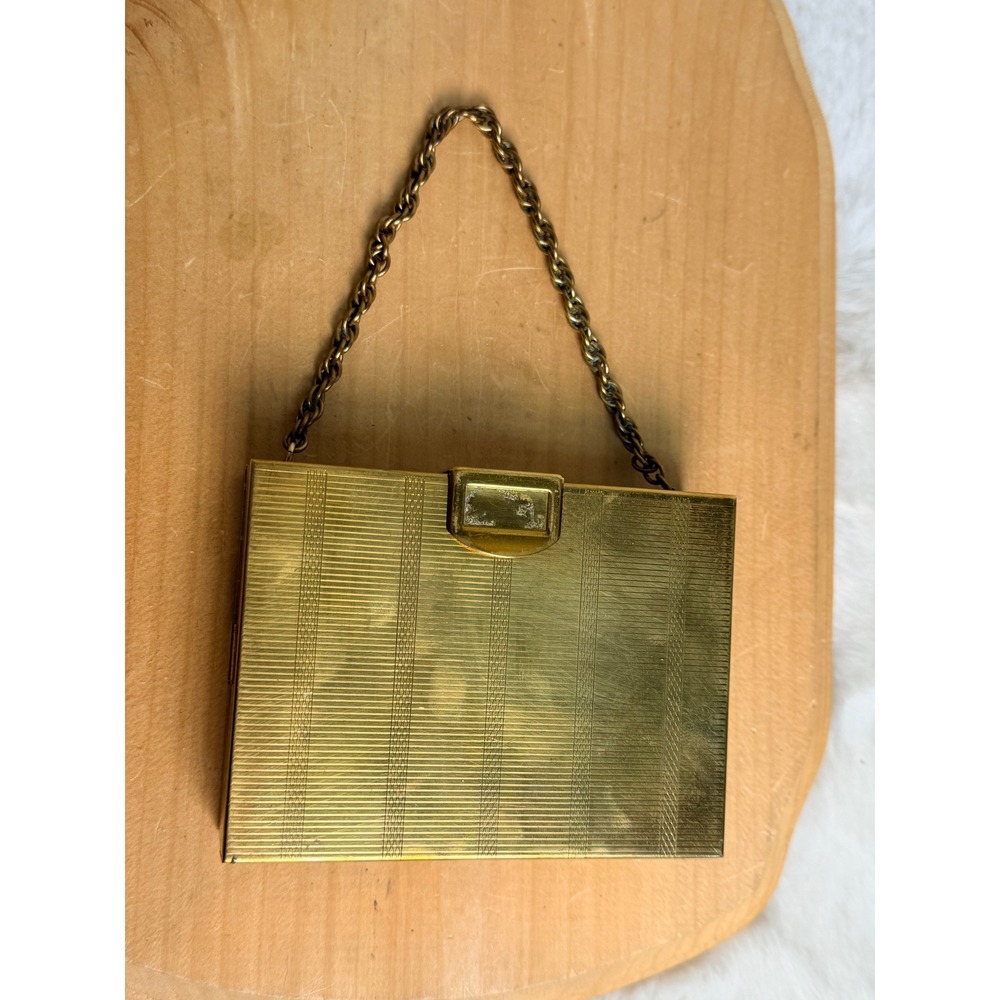 Vintage Volupté Gold Tone Metal Carryall Compact Minaudière Vanity Case Mirror
